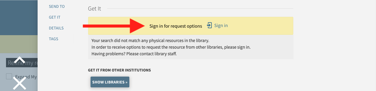 Screenshot of a red arrow pointing to the "Sign in" link in an item record.