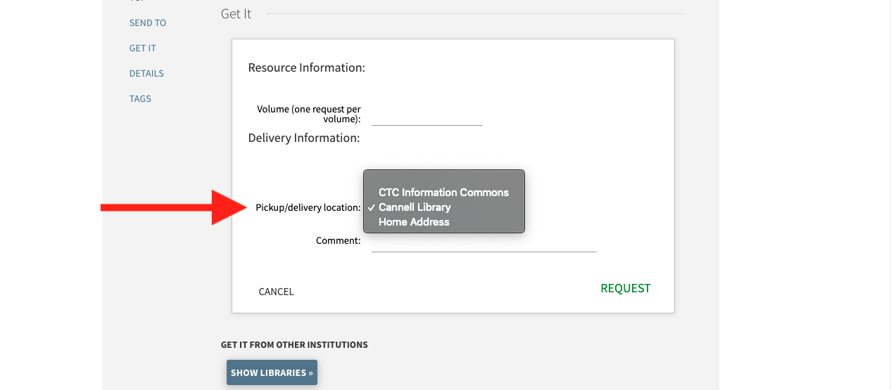 Screenshot of a red arrow pointing to the pickup location dropdown menu.